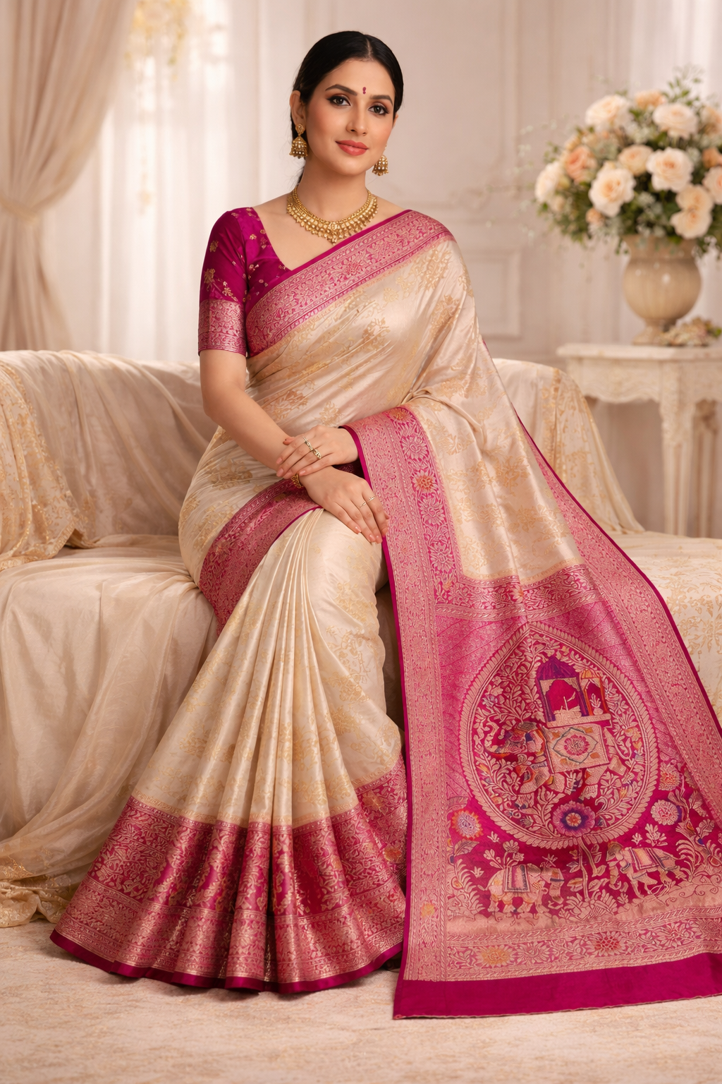 wedding Royal Ivory Kanjivaram Silk Saree with Pink Zari Border & Traditional Motifs