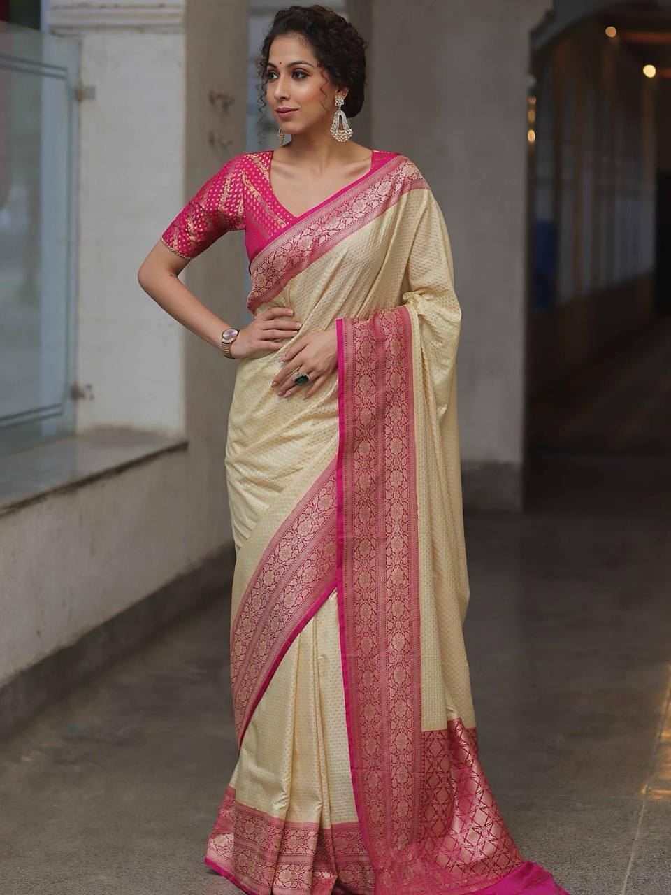 Cream Silk Saree with Rani Pink Zari Woven Border | Elegant Traditional Party Wear banarasi saree