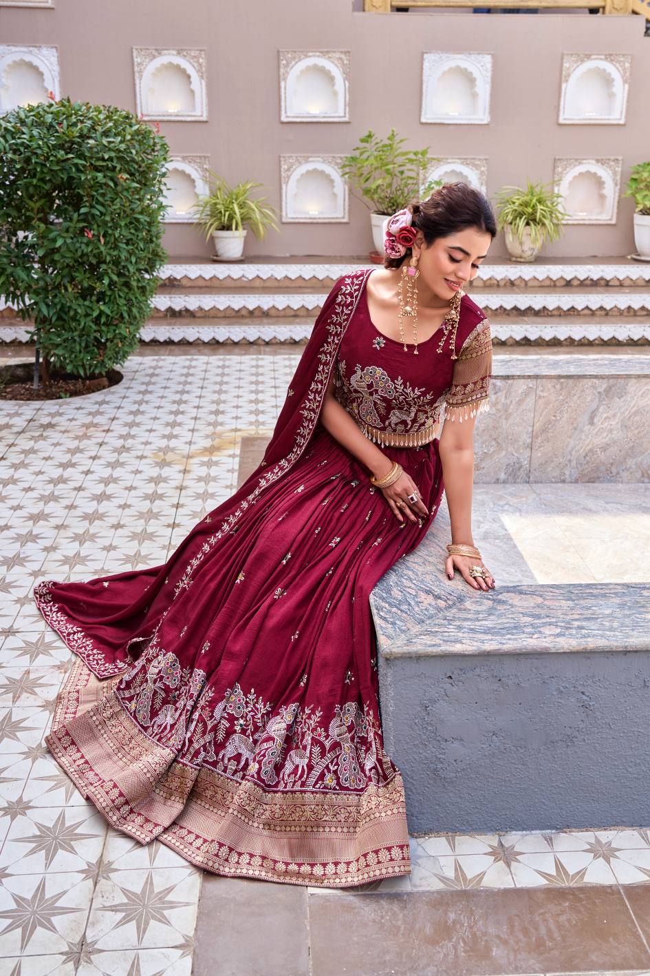 Rajwadi Royal Maroon Bridal Lehenga Choli With Dupatta