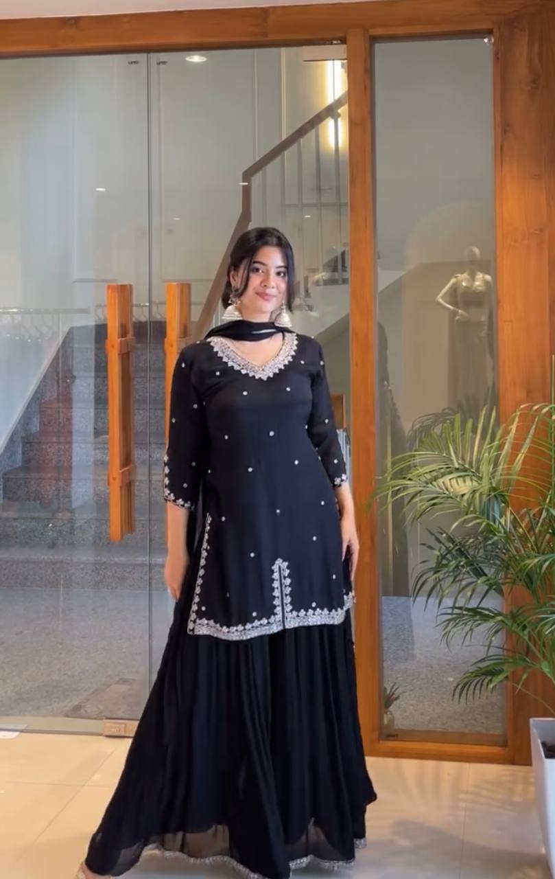 Midnight Black Embroidered Top with Flared Plazo & Dupatta Set