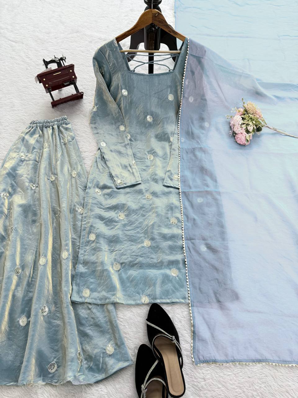 Powder Blue Silk Kurta Set with Plazo dupatta