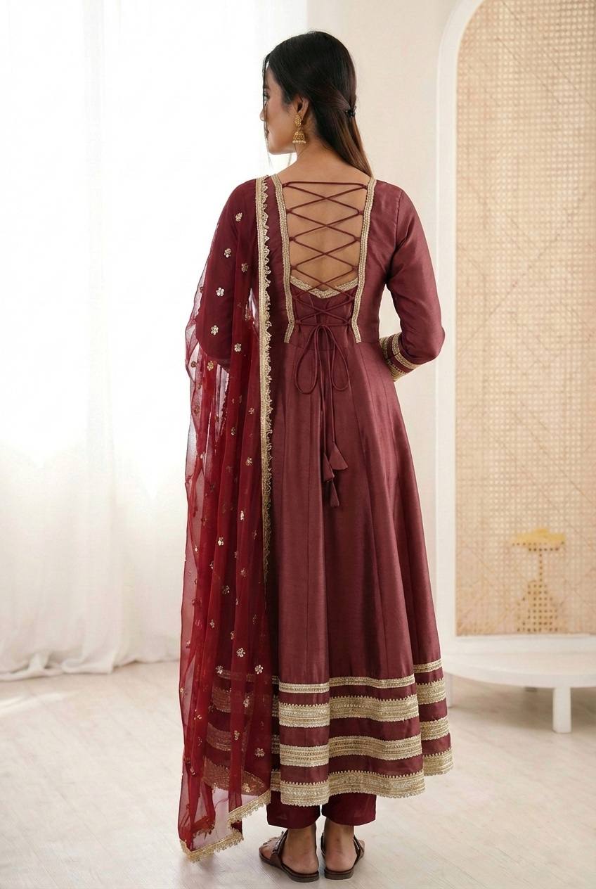 Maroon Embroidered Anarkali Suit Set with Dupatta – Elegant Festive Wear