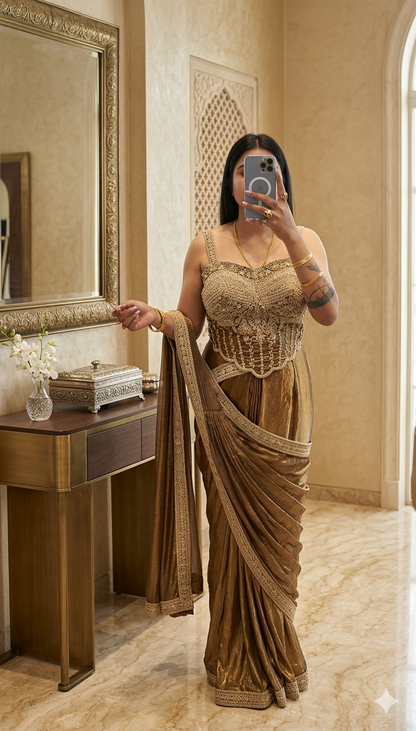 Brown & Gold Designer Saree with Embroidered Border | Festive & Wedding Saree