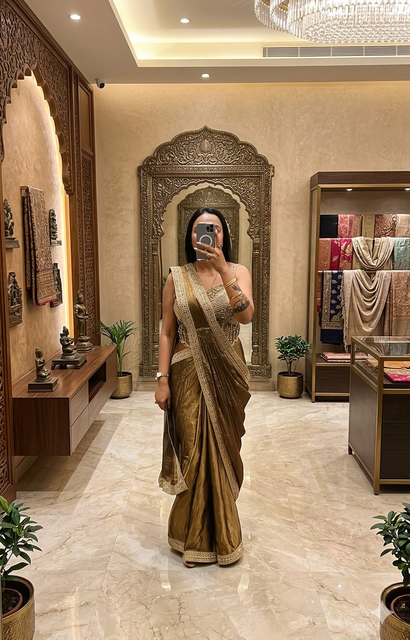 Brown & Gold Designer Saree with Embroidered Border | Festive & Wedding Saree
