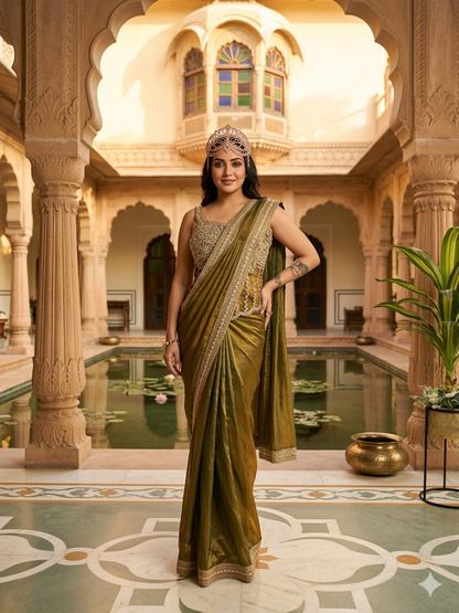 Brown & Gold Designer Saree with Embroidered Border | Festive & Wedding Saree