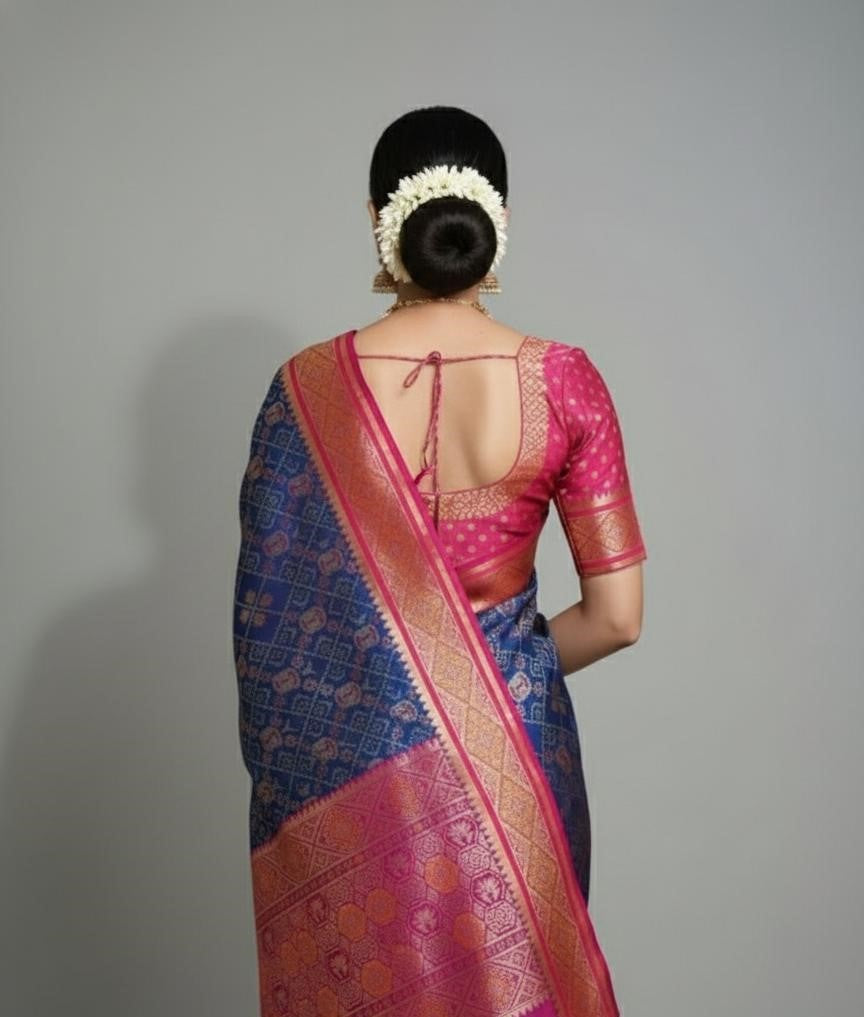 Royal Blue & Rani Pink Banarasi Patola Silk Saree