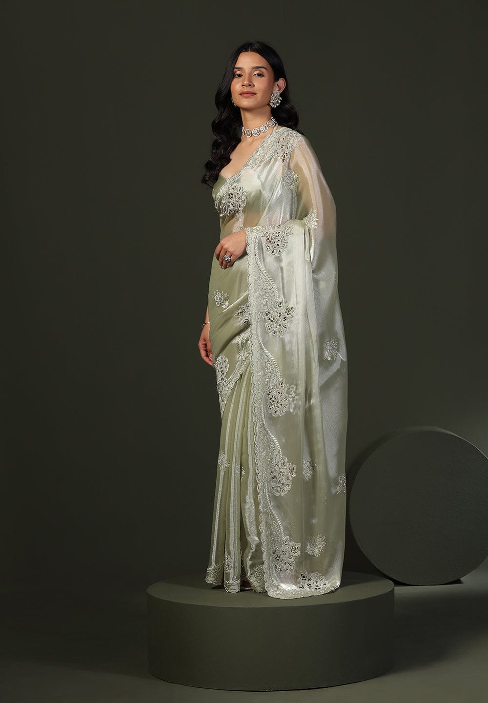 Sage Green Shimmer Embroidered Saree with Scalloped Border