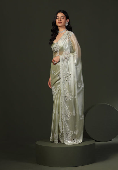 Sage Green Shimmer Embroidered Saree with Scalloped Border