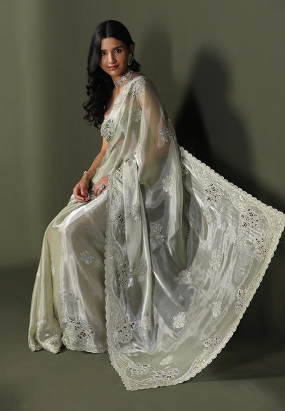 Sage Green Shimmer Embroidered Saree with Scalloped Border