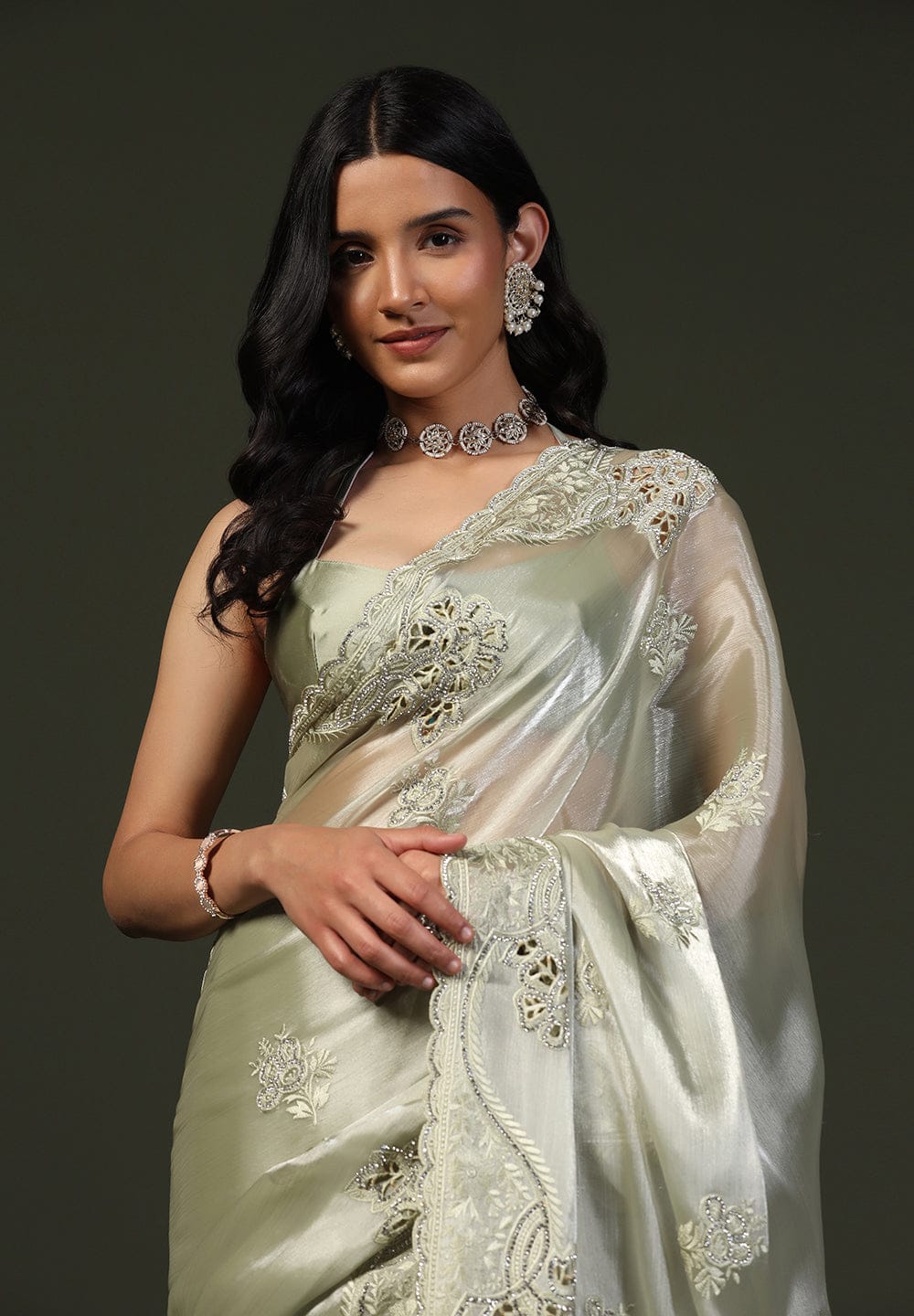 Sage Green Shimmer Embroidered Saree with Scalloped Border