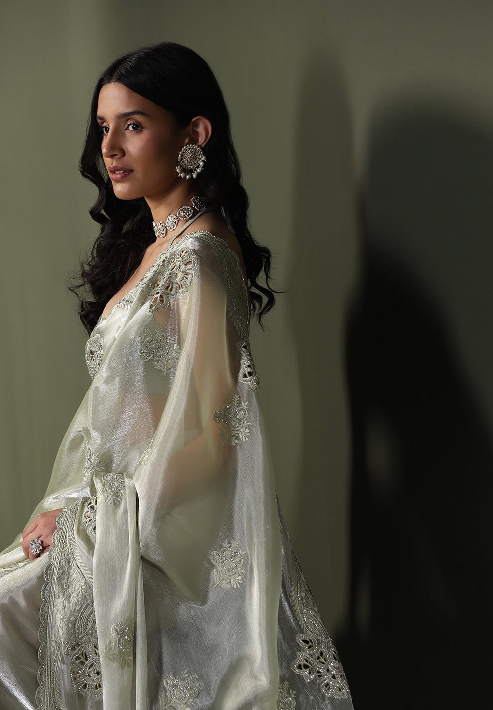 Sage Green Shimmer Embroidered Saree with Scalloped Border