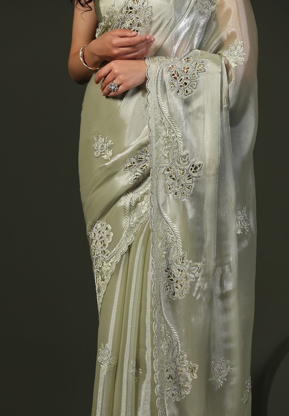 Sage Green Shimmer Embroidered Saree with Scalloped Border