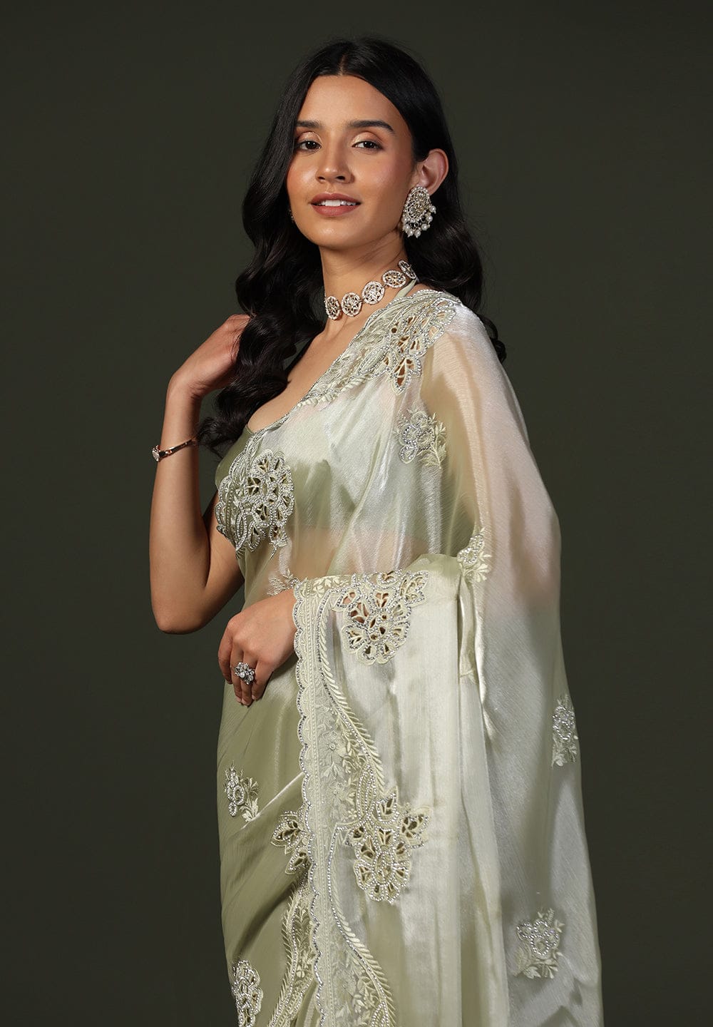 Sage Green Shimmer Embroidered Saree with Scalloped Border