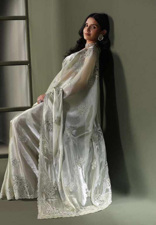 Sage Green Shimmer Embroidered Saree with Scalloped Border