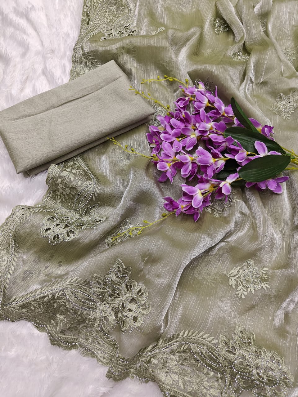 Sage Green Shimmer Embroidered Saree with Scalloped Border
