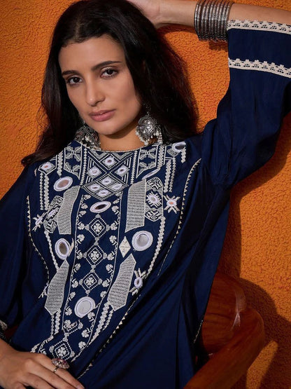 Navy Blue Embroidered Kaftan Kurta Set with Palazzo & Tassel Hem – Ethnic Indo-Western Co-Ord Set