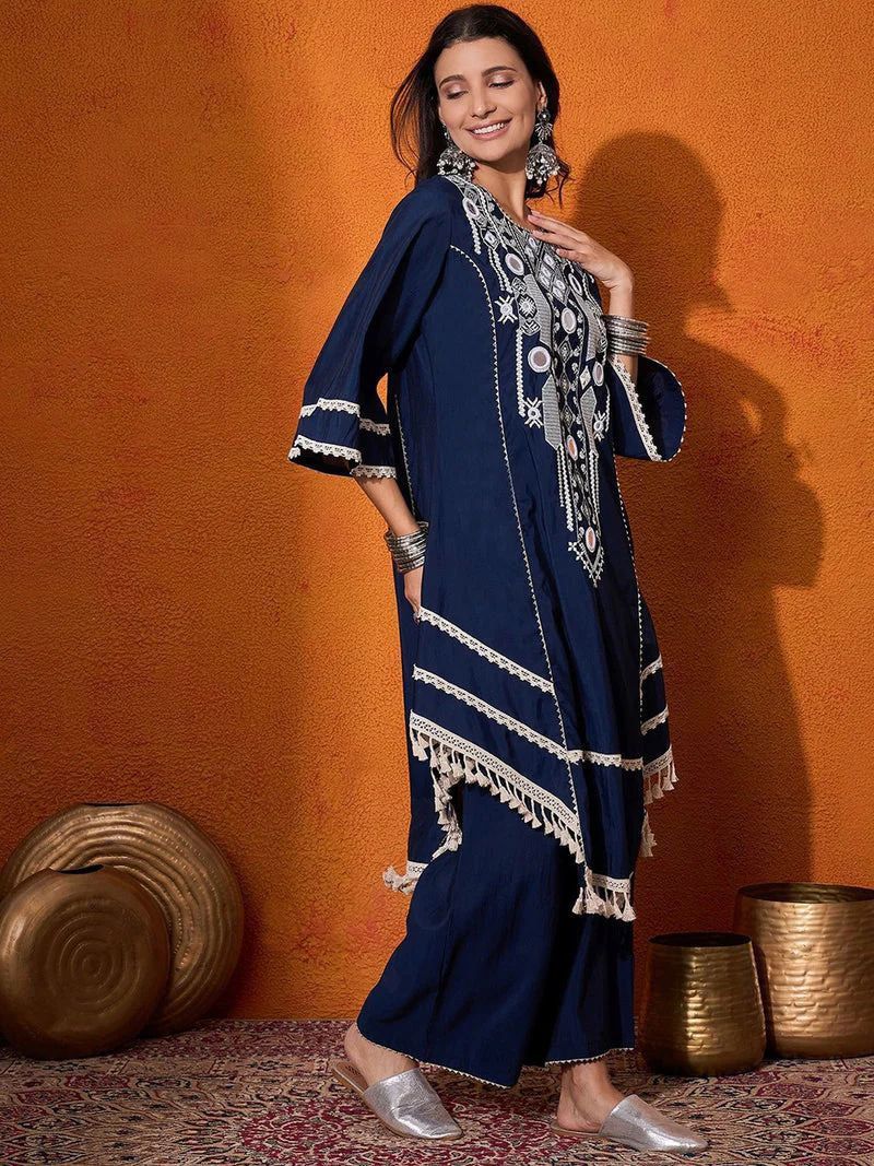 Navy Blue Embroidered Kaftan Kurta Set with Palazzo & Tassel Hem – Ethnic Indo-Western Co-Ord Set