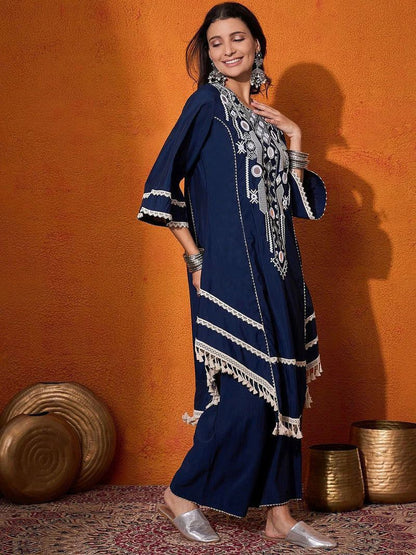 Navy Blue Embroidered Kaftan Kurta Set with Palazzo & Tassel Hem – Ethnic Indo-Western Co-Ord Set