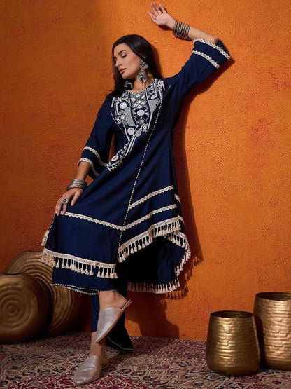 Navy Blue Embroidered Kaftan Kurta Set with Palazzo & Tassel Hem – Ethnic Indo-Western Co-Ord Set