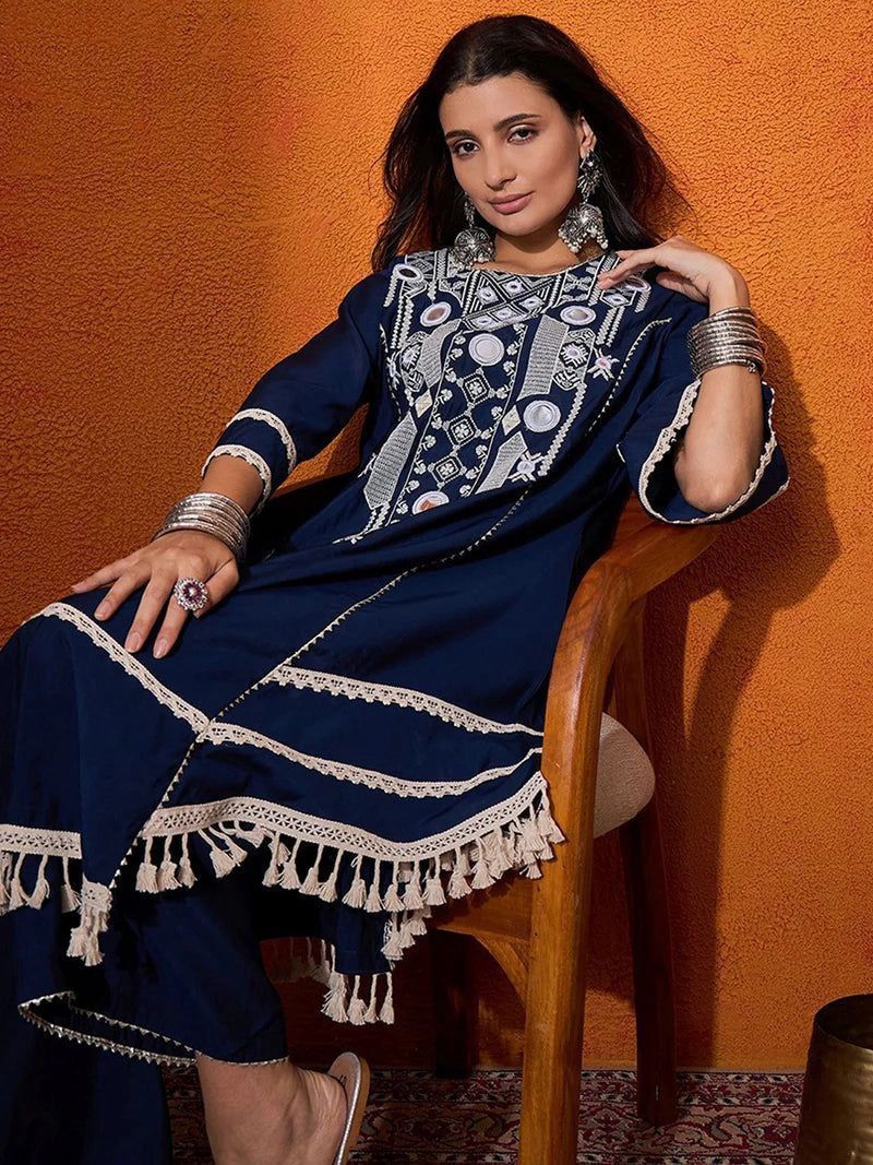Navy Blue Embroidered Kaftan Kurta Set with Palazzo & Tassel Hem – Ethnic Indo-Western Co-Ord Set