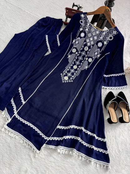 Navy Blue Embroidered Kaftan Kurta Set with Palazzo & Tassel Hem – Ethnic Indo-Western Co-Ord Set