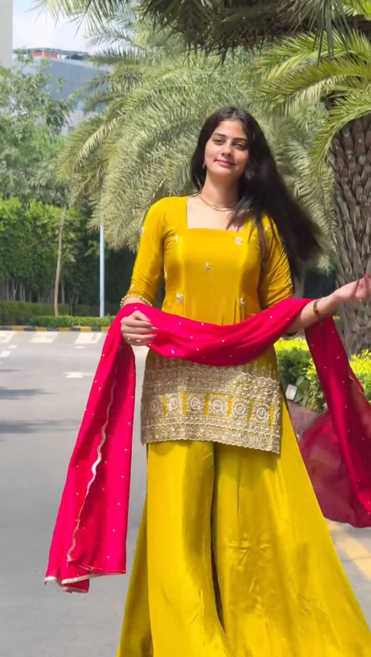 Sunshine Yellow Embroidered Kurta Sharara Set with Pink Dupatta