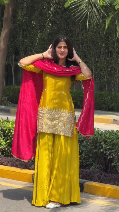 Sunshine Yellow Embroidered Kurta Sharara Set with Pink Dupatta