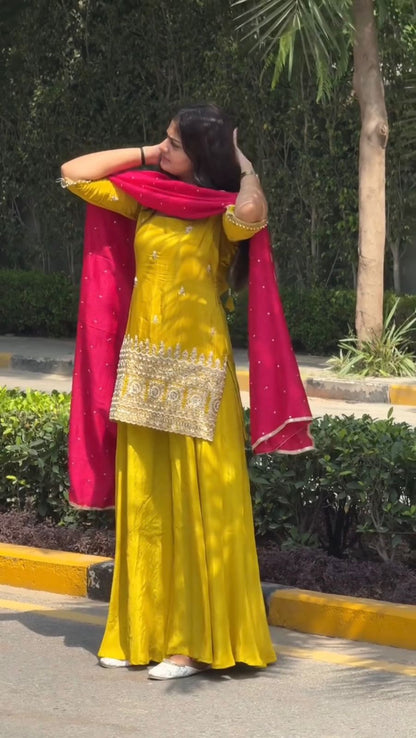Sunshine Yellow Embroidered Kurta Sharara Set with Pink Dupatta