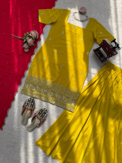 Sunshine Yellow Embroidered Kurta Sharara Set with Pink Dupatta