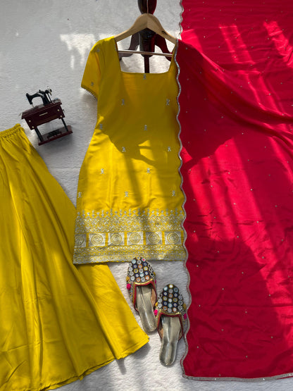 Sunshine Yellow Embroidered Kurta Sharara Set with Pink Dupatta