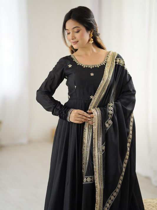 Traditional Black Gown for Women with Heavy Border
