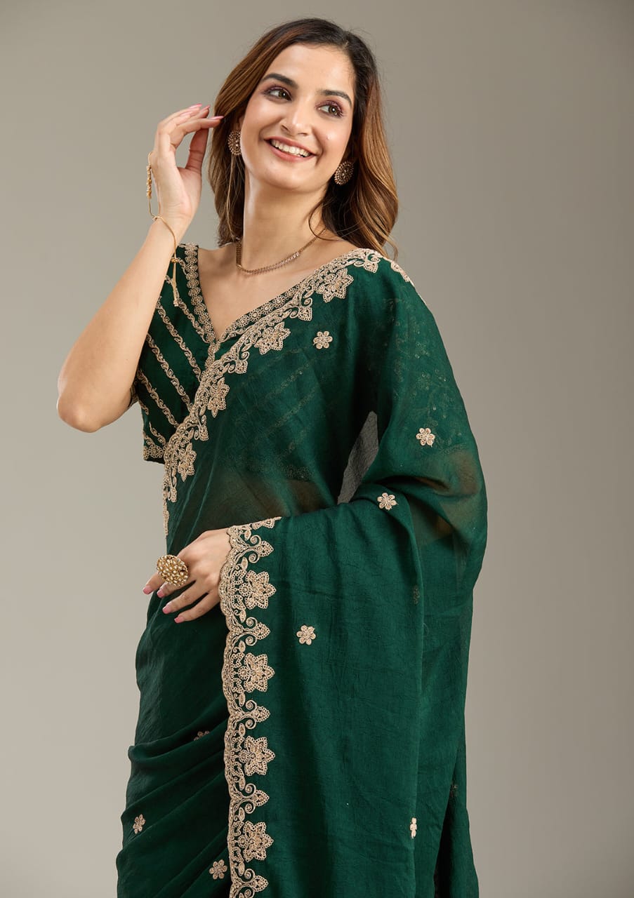 Royal Emerald Green Designer Saree for Women | Heavy Embroidered Border | Wedding & Festive Wear 2026 Latest Collection