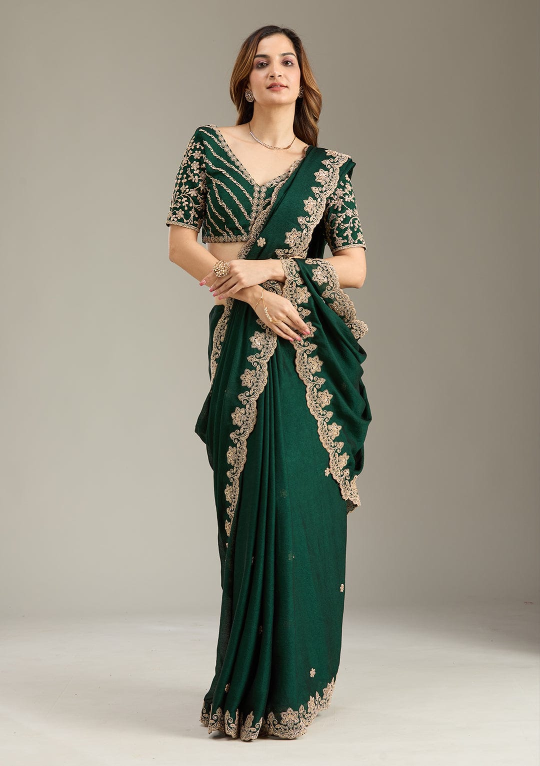 Royal Emerald Green Designer Saree for Women | Heavy Embroidered Border | Wedding & Festive Wear 2026 Latest Collection
