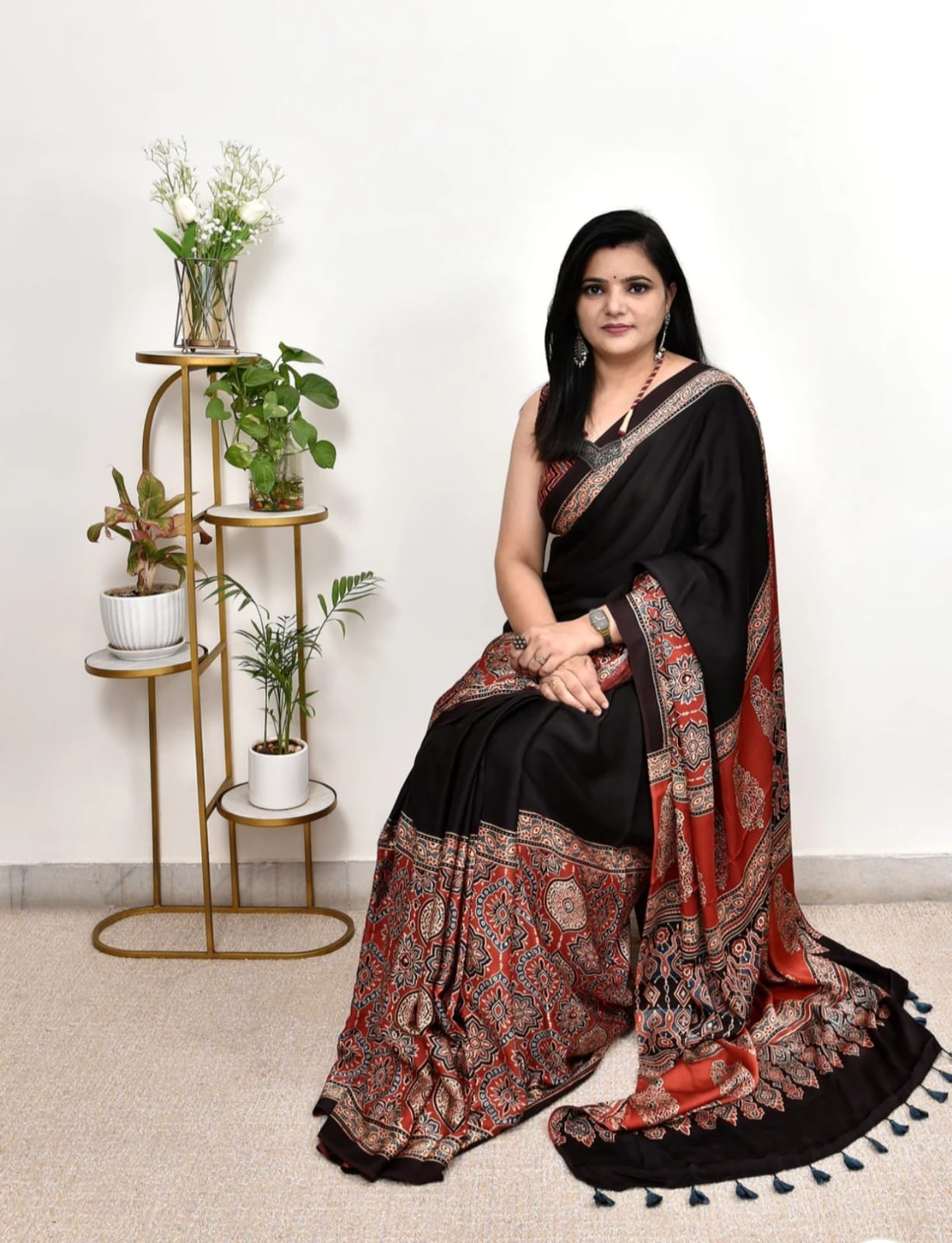 Rust & Black Handblock Aajrakh Saree