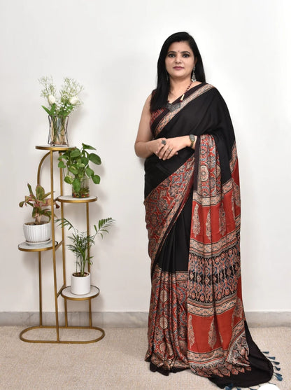 Rust & Black Handblock Aajrakh Saree