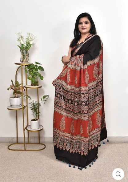 Rust & Black Handblock Aajrakh Saree