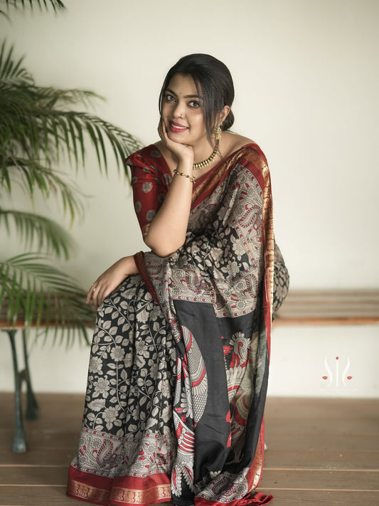 Black & Maroon Traditional Printed Silk Saree for Women | Festive Wear