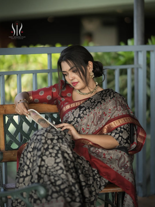 Black & Maroon Traditional Printed Silk Saree for Women | Festive Wear