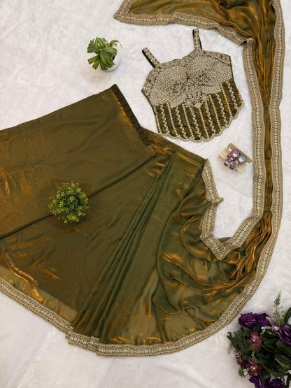 Brown & Gold Designer Saree with Embroidered Border | Festive & Wedding Saree