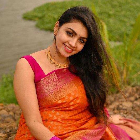 Orange Banarasi Silk Saree with Pink Border – Wedding & Festive Saree