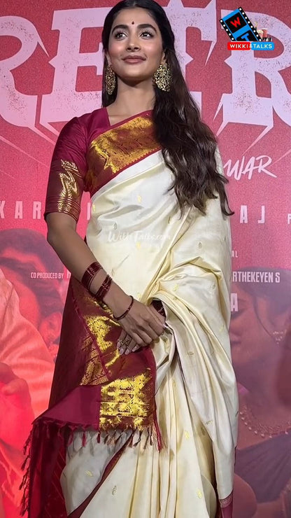 Royal Kanjivaram Inspired Cream & Maroon Silk Saree – Traditional South Indian Bridal Wedding Saree with Golden Zari Border | Festive Party Wear Ethnic Saree