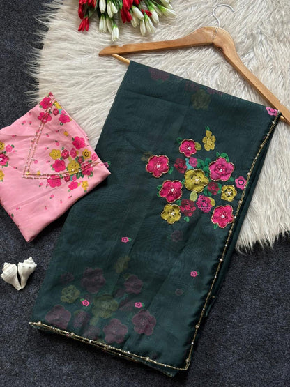 Women’s Elegant Floral Printed Georgette Saree with Embroidered Blouse Piece – Party Wear Designer Saree