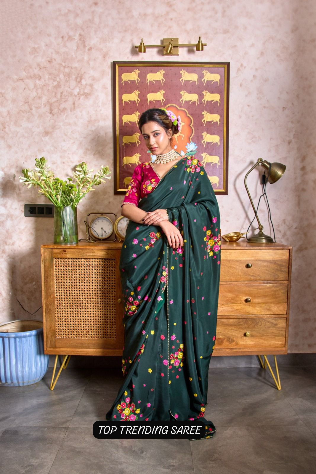 Women’s Elegant Floral Printed Georgette Saree with Embroidered Blouse Piece – Party Wear Designer Saree