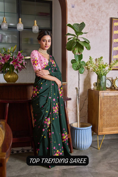 Women’s Elegant Floral Printed Georgette Saree with Embroidered Blouse Piece – Party Wear Designer Saree