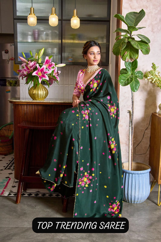 Women’s Elegant Floral Printed Georgette Saree with Embroidered Blouse Piece – Party Wear Designer Saree