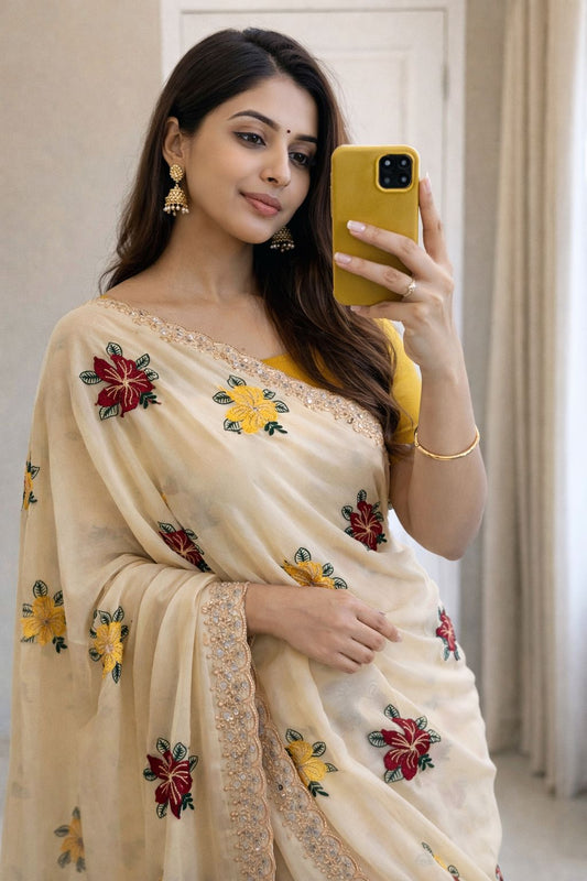 Elegant Floral Embroidered  Saree with Blouse Piece – Cream & Multicolor
