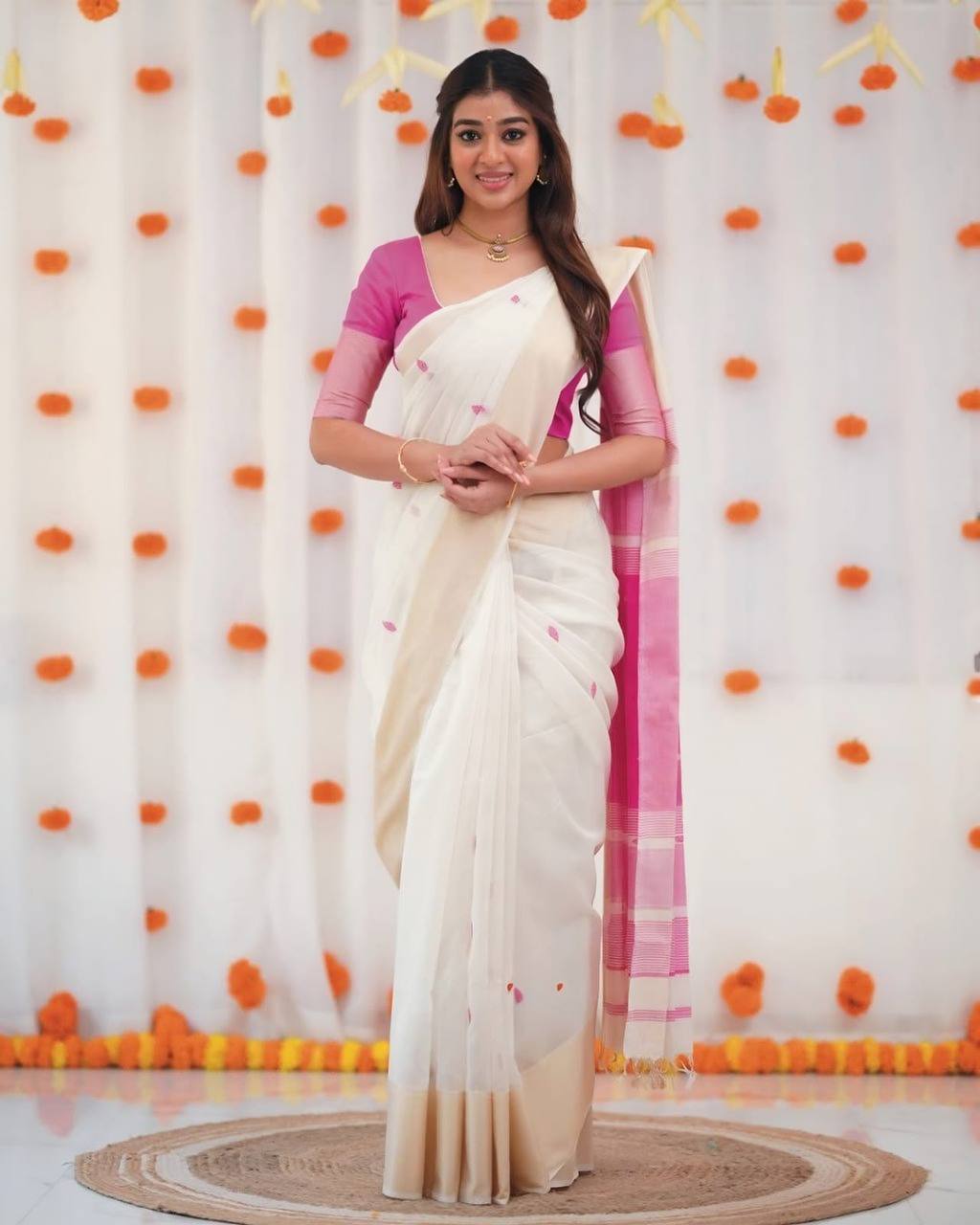 KERALA KASAVU   Off-White & Pink Saree with Woven Motifs – Elegant Festive Wear