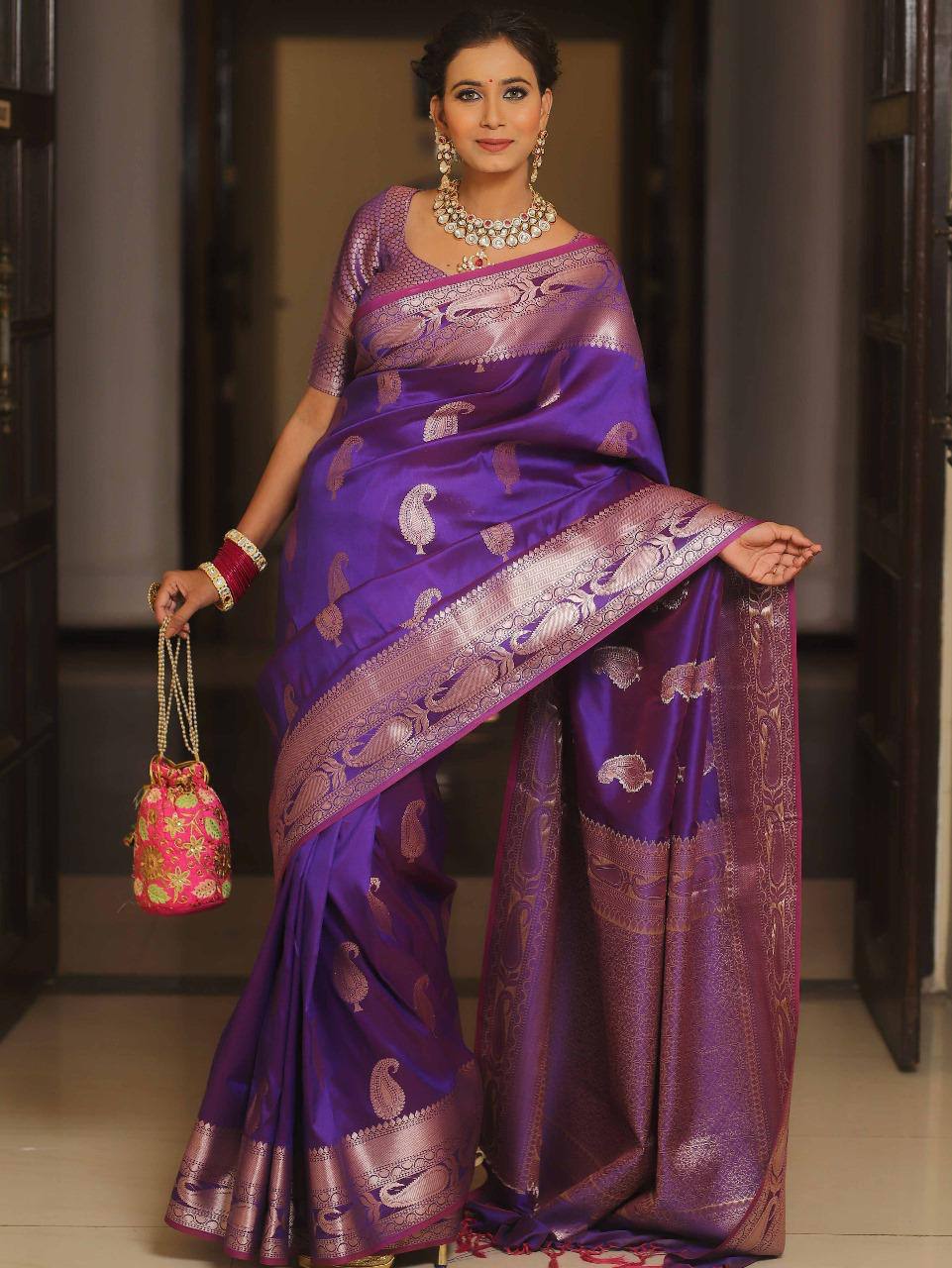 Handwoven Purple Banarasi Silk Saree with Antique Gold Zari