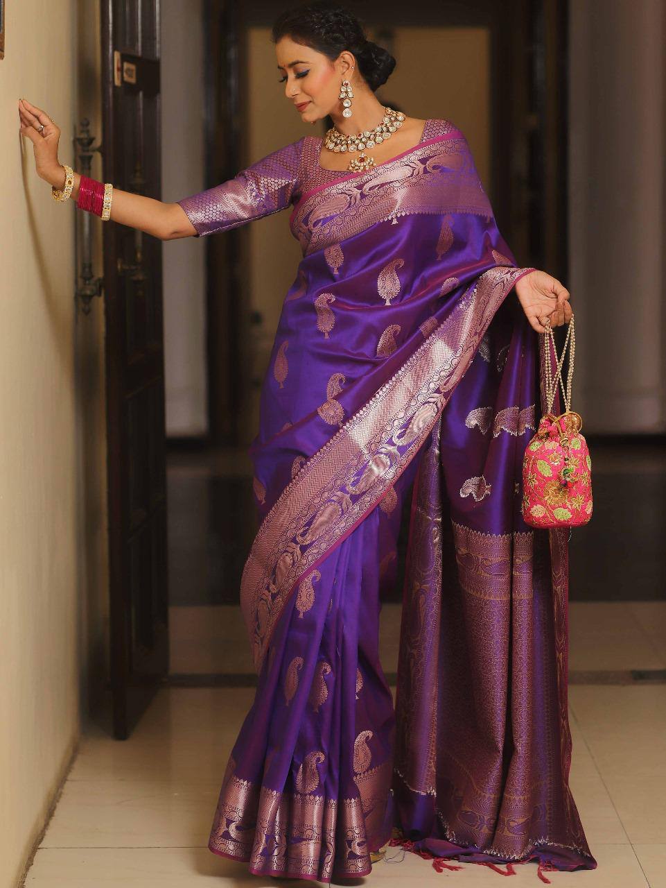 Handwoven Purple Banarasi Silk Saree with Antique Gold Zari