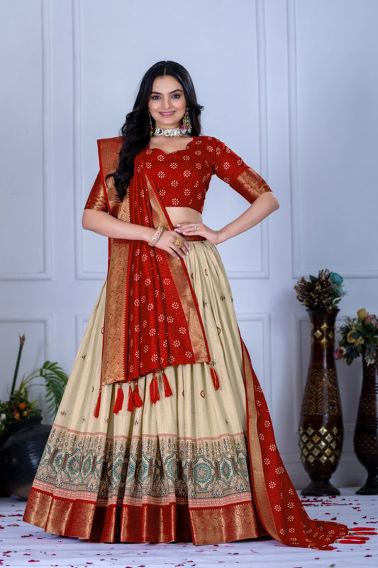 Banarasi Style Red & Cream Lehenga Choli Set with Dupatta | Festive & Wedding Wear Silk Blend Ethnic Skirt Set for Women